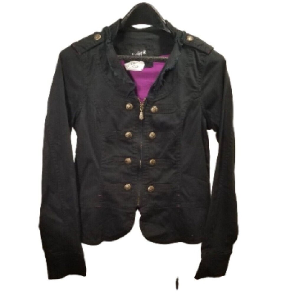Mandarin Military Jacket Womens Size L Black Full Zip Frayed Embroidered Gothic
